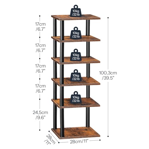 HOOBRO Vertical Shoe Rack, 6-Tier Narrow Shoe Shelf, Shoe Storage Organizer for Small Space, 11" L x 11" W x 39.5" H, Closet, Entryway, Hallway, Bedroom, Rustic Brown and Black BF21XJ01 - color: Rustic Brown + Black, size: 11"L x 11"W x 39.5"H