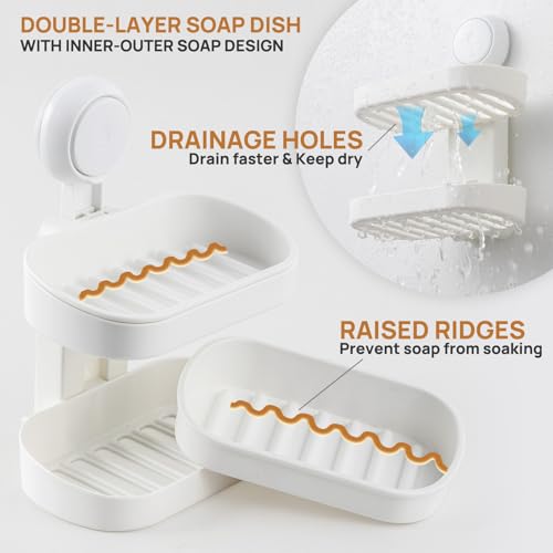 LEVERLOC Soap Dish Holder for Shower, Double Layer Suction Cup Wall Mounte Self Draining Removable Waterproof Strong Suction Bar Soap Holder for Shower, White - style: 2 tiers White