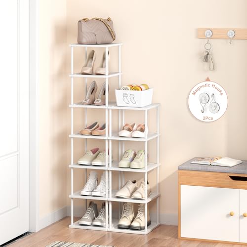 Vertical Tall Shoe Rack Organizer for Entryway -12 Tier Free Standing Slim Narrow Bamboo Wood Corner Stackable Shoe Boots Storage Stand Small Spaces for Closet Garage Cloakroom Living Room (White) - color: White, size: 12 Tier
