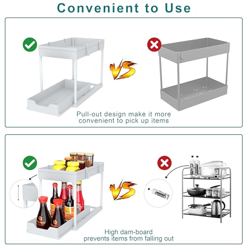 Under Sink Organizer - 2 Pack | Pull out Bathroom Organizer | 2 Tier Slide out Bathroom/Kitchen Organizers and Storage | White - style: 2 PACK White