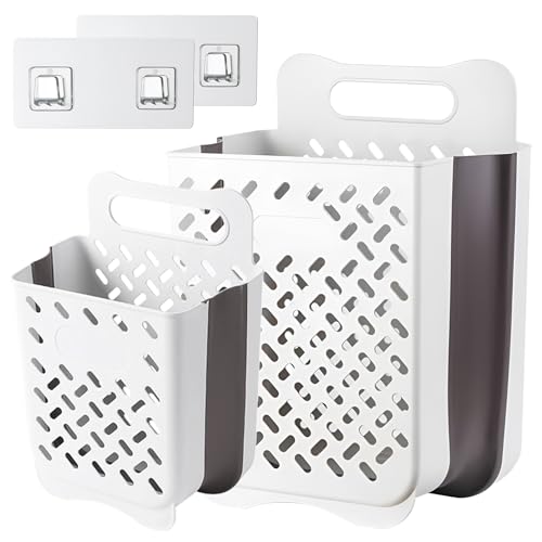 Plastic Collapsible Hanging Laundry Baskets with Carry Handle, Space-Saving Wall Hanging Laundry Basket Durable Tall Folding Plastic Laundry Hamper Waterproof Dirty Clothes Organizer XL+L - size: XL and L Set