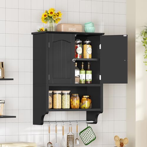 TEENFON Bathroom Wall Cabinet with Adjustable Shelves and Towel Rack, Wall Mounted Over The Toilet Storage Cabinet for Bathroom, Living Room, Black - color: Black With Towel Bar