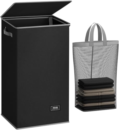 SOLEDI Laundry Hamper Black with Lid and Removable Bag - 100L Large and Tall Laundry Basket Collapsible with Handle for Clothing and Toys Storage - Dirty Clothes Hamper for Bedroom, bathroom, dorm - color: Black, size: 100L