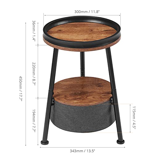 LEMONDA Small Round Side Table with Storage Basket, 11.8" Compact End Table with Tray Top & Fabric Bin, Rustic Wood Bedside Nightstand for Living Room, Bedroom, Small Spaces - color: Rustic Brown