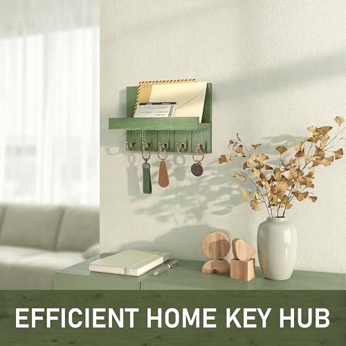 Rebee Vision Pine Wood Key Holder Wall Mount with Floating Shelf – Farmhouse Key Holder for Wall with Hooks – Hat Organizer for Room Decor and Entryway Organization (Green,3.54" x 10" x 7.28") - color: Green, size: 10 Inch