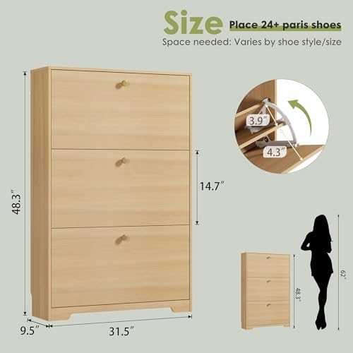 Nicetree Shoe Storage Cabinet, Slim Shoe Cabinet, Hidden Shoe Rack Cabinet, Shoe Storage Cabinet for Entryway, Hallway, Foryer, Natural Oak - color: Natural Oak, style: 3-Drawers