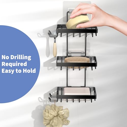 Moforoco 3-Tier Black Soap Bar Holder for Shower, No Drilling, 304 Stainless Steel, Wall Mounted Soap Holder with 4 Hooks and Razor Holder, Shower Rack Soap Tray Bar Soap for Bathroom Accessories - color: Black, size: 3-T