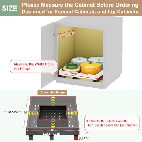 Pull out Cabinet Organizer,Expandable Width(15"-21") and Depth(17"-24") with 3 Rails,Roll out Drawers,No Drill Adjustable Slide out Shelves for Kitchen,Pantry,for Both Lip and Lip-Free Cabinets,Black - color: Black, size: (15"W-21"W)X(17"D-24"D)