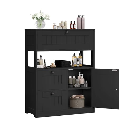 GRUSIGN Storage Cabinet, Modern Bathroom Floor Storage Cabinet Organizer with 1 Door and 3 Drawers, Freestanding Cupboard for Kitchen/Living Room Use - color: Black