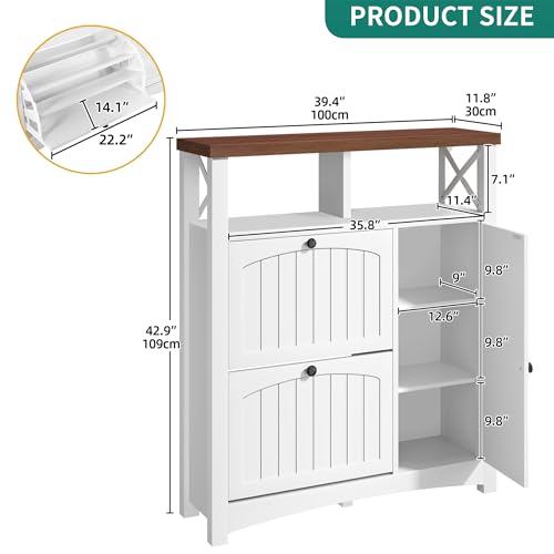 YITAHOME Farmhouse Shoe Cabinet with 2 Flip Drawers, Wood Shoe Rack w/Adjustable Shelves and Open Storage, Rustic Entryway Organizer for Hallway, Foyer, Porch, Living Room, White