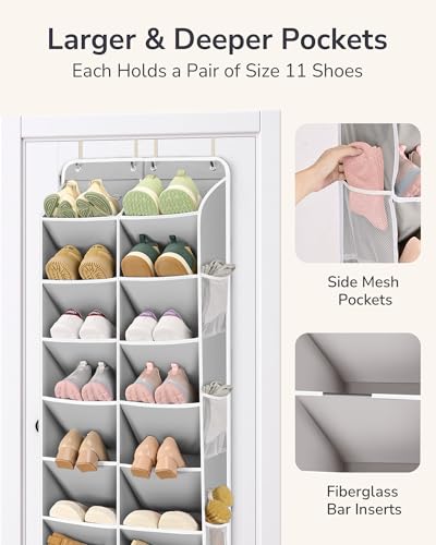 ULG Over The Door Shoe Organizer with 16 Large Pockets, Hanging Shoe Rack for Closet Door, Space Saving Shoe Storage for Boots, Heels & Sneakers,Grey - color: Grey, size: 8-Tier