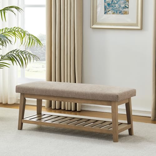 Zihanhome Entryway Shoe Bench with Cushion, End of Bed Bench,Upholstered Bench for Kitchen, Bench with Solid Wood Shelf, Fabric Ottoman Bench for Hallway, Living Room (Brown) - color: Brown