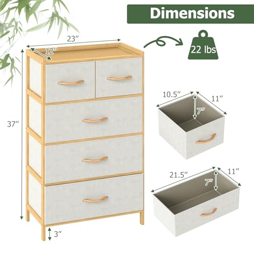 LOKO Fabric Dresser with 5 Drawers, Bamboo Chest of Drawers, Vertical Storage Tower for Small Space, Storage Organizer Unit for Bedroom, Entryway, Living Room, Laundry Room, Closet - size: 12"D x 23"W x 37"H (5 Drawers)