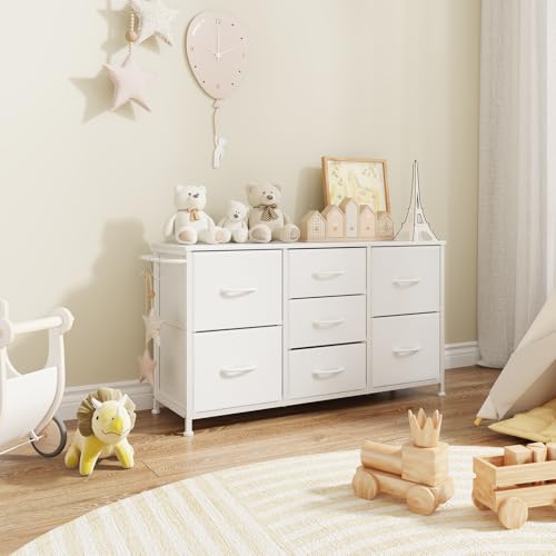 Fabric Dresser for Bedroom, Small Dressers for Kids Bedroom, 7 Drawers Dresser for Closet, Storage Organizer Chest of Drawers for Nursery, Dorm, Apartment, TV Stand, Wooden Top, Side Hook (White) - color: White, size: 11.8"D x 39.4"W x 21.7"H (7 Drawers)