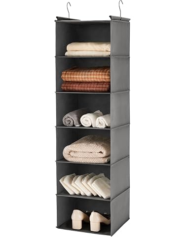 MAX Houser 6 Tier Shelf Hanging Closet Organizer, Closet Hanging Shelf with 2 Sturdy Hooks for Storage, Foldable (Grey) - color: Grey