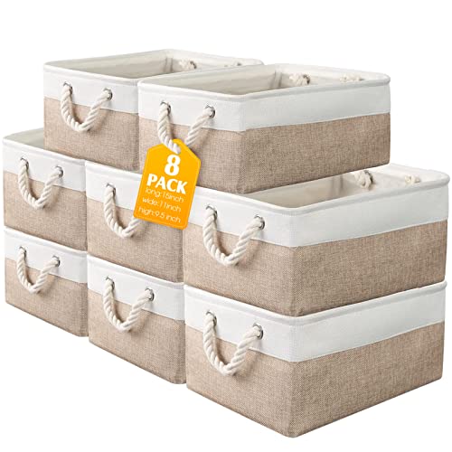 meekoo 8 Pack Collapsible Storage Bins Fabric Storage Bins Polyester Fabric Baskets with Handles Linen Closet Organizer for Shelf Home Closet Towels Toys(15 x 11 x 9.5 in,Beige) - color: Beige, size: 15 x 11 x 9.5 In
