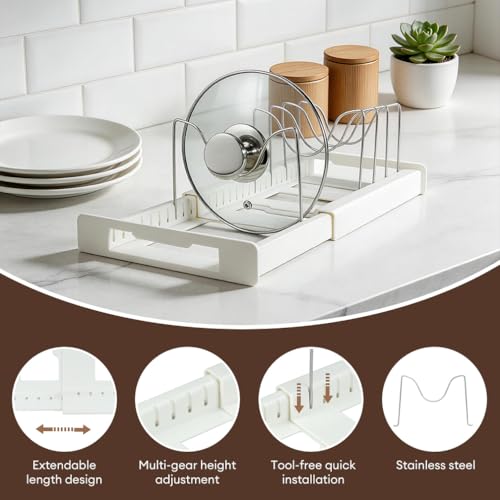 Adjustable Pot and Pan Organizer for Cabinet, Expandable 12"-22" Pan Lid Rack with 7 Stainless Steel Dividers, ABS White Kitchen Cabinet Organizer for Pots, Lids, Cutting Boards - color: White Grey