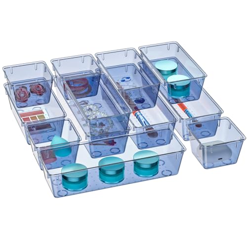 WOWBOX 12 Pack Clear Drawer Organizer Set, Acrylic Drawer Storage Trays, Storage Bins for Makeup, Cosmetics, Jewelries, Utensils, Gadgets, Office, Dark Blue - color: Dark Blue, size: 12 PCS