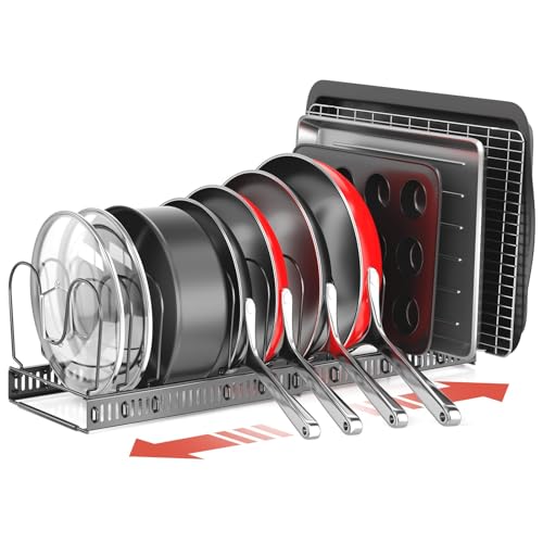 ORDORA Pots and Pans Organizer under Cabinet, Expandable 11.8"-22.8" Pot Lid Holder with 12 Adjustable Dividers, Pan Organizers inside Cabinet for Kitchen Cookware Bakeware, Black - color: Black, size: 12 Dividers