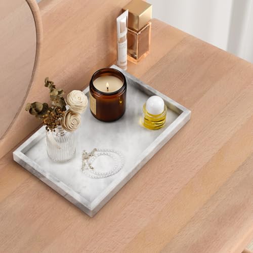 Real Natural Marble Tray for Bathroom, Vanity, Kitchen and Desktop, Rectangle Genuine Marble Stone Tray for Jewelry, Cosmetics, Candles, Lotion, Perfume and Home Decor - color: White, size: 12" x 8" x 1.2"