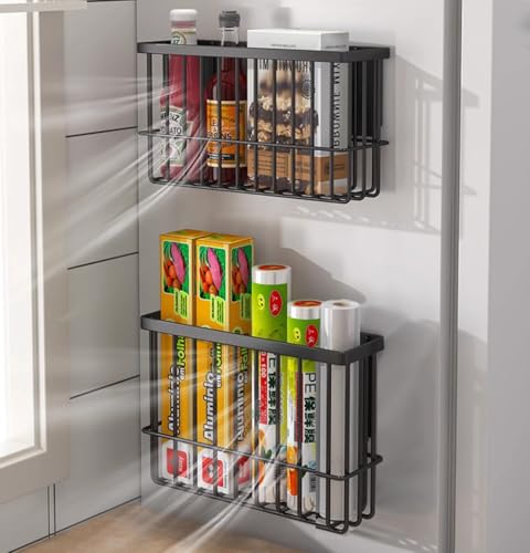 2 Piece Kitchen Cabinet Door Storage Box,Self Adhesive Wall Mounted Storage Boxes,Wardrobe/Bathroom/Refrigerator Small Items Organizer Storage Box (Black) - color: Black