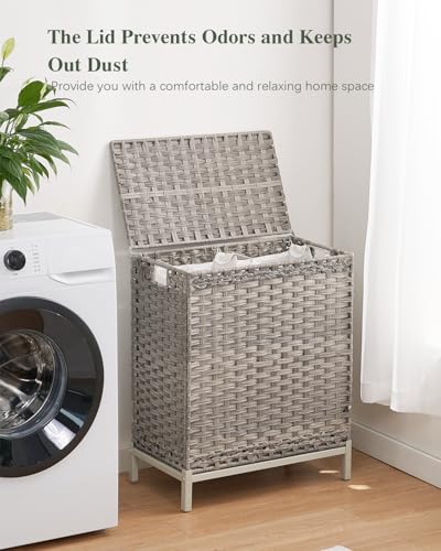 SETVSON Laundry Hamper with Lid, 112 L Handwoven Rattan Wicker Laundry Basket, 2 Removable Liner Bags Metal Heightened Feet, 6 Mesh Bags, 2 Section Large Clothes Hamper for Bathroom Bedroom, Gray - color: Gray, size: 112 L - 29.6 gal