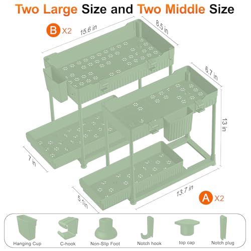 Sevenblue Under Sink Organizer, Bathroom Organizers and Storage, 2 Tier Multi-Use Pull Out Cabinet Organizer with Hang Hooks and Cups (Green, 4 Pack) - color: Green, size: 12.8 Inch