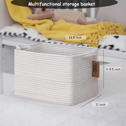 COMFY-HOMI Cotton Rope Woven Basket with Handles for Shelves,Toys,Book, Cloth Storage Baskets Bin for Organizing-13.5"x11"x9.5" Toy Decorative Organizer for Living Room, Bathroom-All White - color: All White, size: 13.5"X11"X9.5"