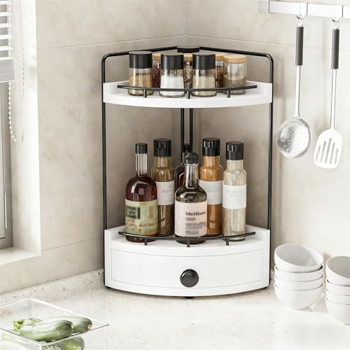 2-Tier Corner Bathroom Counter Organizer with Drawer & Embedded Screw Holes - Wooden Countertop Organizers for Skincare, Makeup Storage, Bathroom Sink Counter Shelf for Vanity, White - color: White