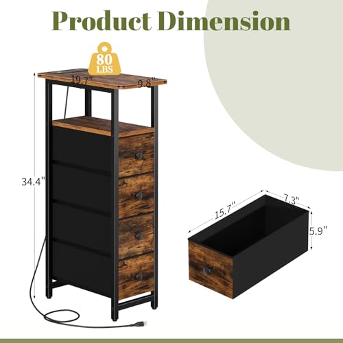 Yoobure LED Narrow Nightstand with Charging Station - Slim Dresser for Bedroom Narrow Side Table Storage Cabinet, Small Dressers Chest of Drawers, Tall Skinny Night Stand End Table for Small Spaces - color: Vintage Brown