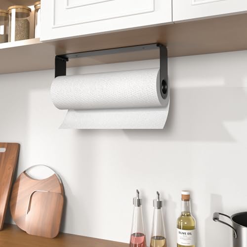 Paper Towel Holder Under Cabinet, Wall Mount Paper Towels Holder for Kitchen Under Counter, Self Adhesive and Drilling, Heavy-Duty Hanging Paper Towel Roll Holder Inside Cabinet Door, Black