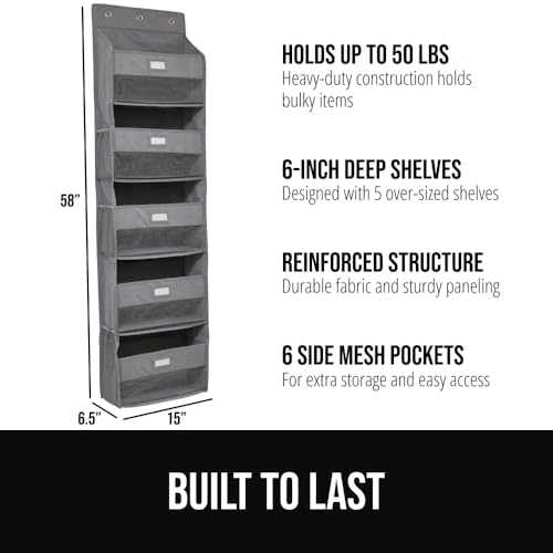 GORILLA GRIP Over The Door Organizer Storage, 5 Deep Hanging Shelves, Holds 50lbs, Closet Organizers Shelf for Bedroom, Shoes, Bathroom, Nursery, Dorm Essentials, 3 Metal Hooks, 58x15 Inches, Gray - color: Grey, size: 5 Shelf