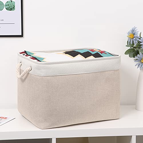 Bidtakay Beige Storage Basket Large Fabric Cloth Baskets [2-Pack] Tall Rectangular Shelf Baskets 16X11.8X11.8 in Canvas Collapsible Storage Bins with Handles for Organizing Living Room(White&Beige) - color: White&Beige, size: 2 Pack-L-16x11.8x11.8 In