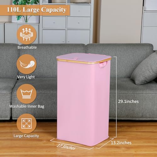 iEGrow Laundry Hamper with Lid, 110L Large Laundry Basket with Handle and Lid, Collapsible Clothes Basket Organizer with Removable Inner Bag for Clothes Toys Towels,Pink - color: Pink, size: 110L