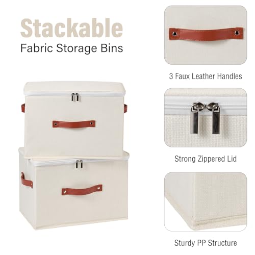 Storage Bin Box with Zippered Lid Cotton Linen Fabric Decorative Basket with PU Leather Handles PP Plastic Board Foldable Lidded Clothing Shelf Closet Organizer Container (Beige, Large) - color: Beige, size: Large ( Pack of 1 )
