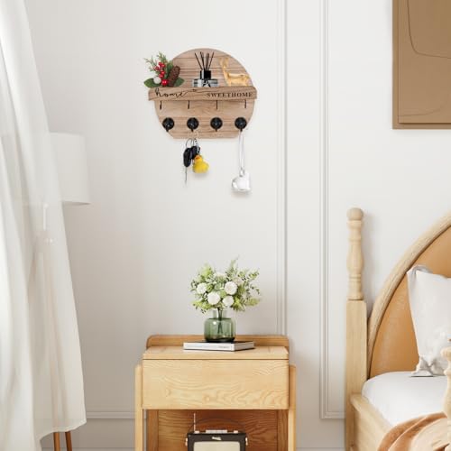 Key Holder for Wall, Key and Mail Holder Organizer - Key Holder Wall Mount with Bouquet Shelf and Key Hooks, Round Wooden Rustic Key Rack for Entryway and Home Decor (Wood) - color: wood
