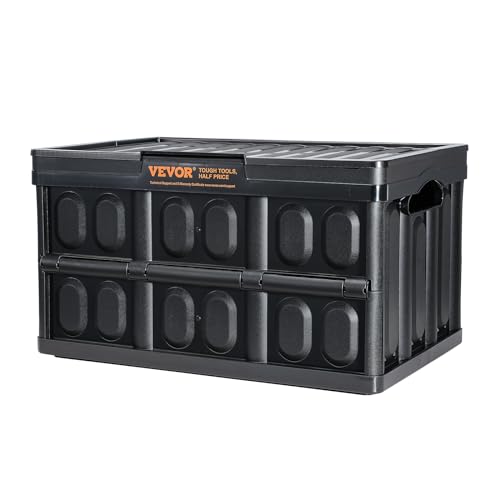 VEVOR 45L Collapsible Storage Bins with Lids 3 Packs, Stackable Utility Crates with Handles, Large Folding Containers for Organizing Tools, Snacks, Books, Food, Drinks, Camping & Transport - size: 45L-Black