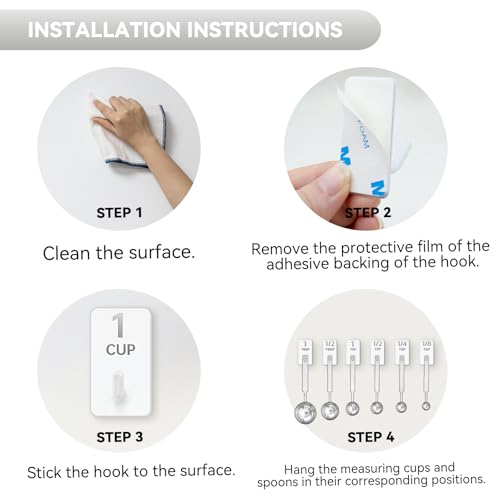 Measuring Cup and Spoon Organizer, 12 Pack Adhesive White Stainless Steel Hooks for Hanging with 6 Kitchen Conversion Chart Stickers, Kitchen Hooks for Space Saving Storage - style: 12 Pcs White Stainless Steel Hooks with Stickers