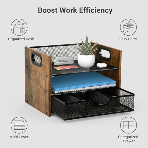 Wood Desk Organizer - 3-Tier Desktop File Organizer with Drawer, Wooden Paper Tray, Office Desk Organzier and Accessories for Papers, Mail, Notebooks, Stationery - size: 3 Tier Drawer