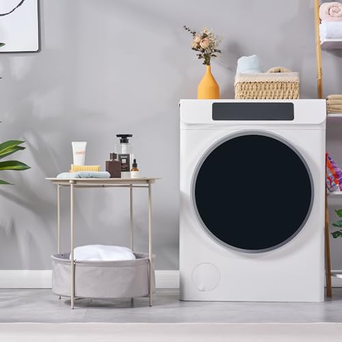 VECELO Round Side/End Table with Fabric Storage Basket，Metal Anti-Rust and Waterproof Small Bedside Nightstand with Removable Tray Top for Living Room，Balcony & Laundry，Grey /2pcs with Basket - color: Grey, size: 2 PCS with Basket