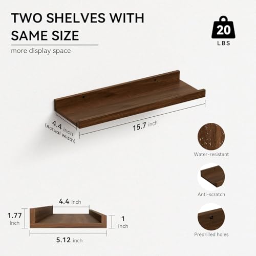 Boswillon Floating Shelves Set of 2, Farmhouse Wall Shelves with Lip, Display Picture Ledge Shelf for Bedroom, Living Room, Bathroom, Kitchen - Walnut - color: Walnut, size: 15.7 In