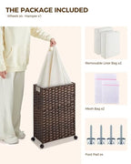 Greenstell Laundry Hamper with Wheels, 11.9 Gallon (45L) Small Clothes Hamper with 2 Removable Liner Bags & 2 Mesh Bags, Slim Rattan Laundry Basket for Bathroom, Bedroom, Brown - color: Brown, size: 45L (15.8 x 7.9 x 23.6 inches)