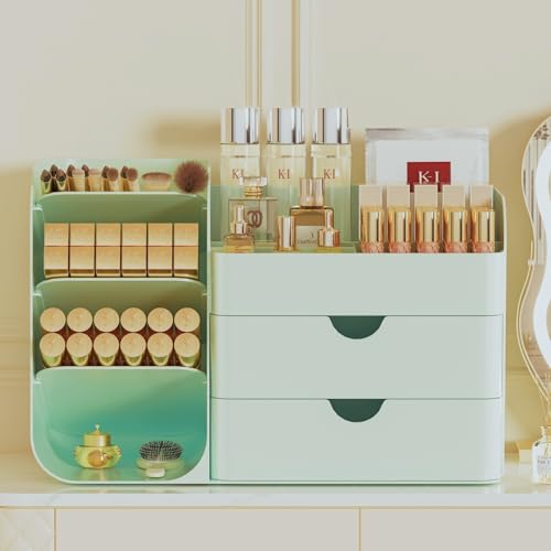 Makeup Organizer with Drawers, Large Capacity Countertop Organizer for Vanity, Bathroom and Bedroom Desk Cosmetics Organizer, Easy To Storage Skincare, Brushes, Eyeshadow, Lipstick (All Green) - color: All Green, size: Medium