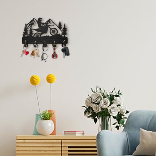 MAYJOYDIY Motorcycle Mountain Forest Coat Hooks, Wall Mounted 11.8x7.9in, 5 Alloy Hooks, Rust Resistant, Wooden Key Holder, Black, 35 Pound Weight Capacity - color: Motorcycle Mountain Forest
