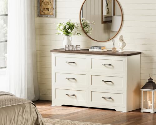 AODK Farmhouse 6 Drawer Dresser for Bedroom, 47” Wide Rustic Storage Dresser with Engineered Wood Frame, Anti-Tip Safety Chest, American Country Bedroom Furniture, Walnut & Vintage White - color: Walnut & Vintage White, size: 15.7"D x 47"W x 30.4"H (6 Dra