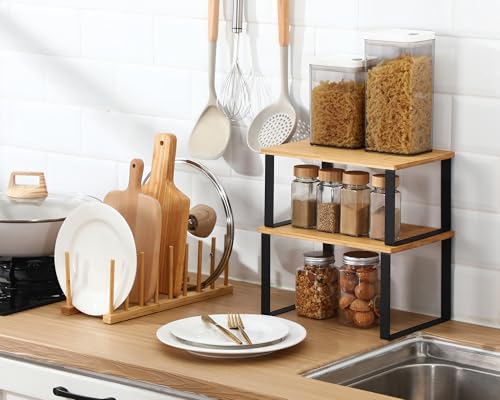 Marsui 4 Pcs Kitchen Organizer Accessories Set Cabinet Organizer Shelf and Bamboo Dish Drying Plate Rack Counter Shelves Storage Holder for Spice Rack, Dish, Pot Lid, Bowl, Cup(Light Color) - color: Light Color