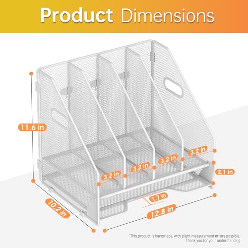 Docnest Desk File Holder Sorter, 4 Vertical Compartments Rack with Letter Tray, Mesh Magazine File Holder with Handle,Workspace Organizers,Desk Organizers for Paper, Mail, Documents-White - color: White-4 Compartments