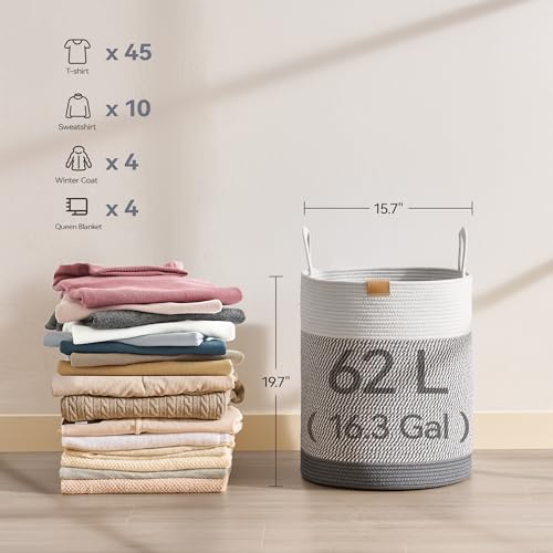 Nunsino Laundry Hamper 62L,Large Laundry Basket for Clothes,Decorative Storage Basket for Blankets,Cotton Rope Woven basket for bedroom,Grey White - color: Grey&White, size: 62L/16.3Gal