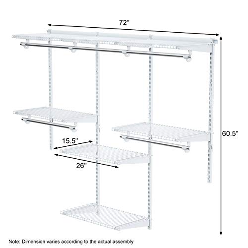 Tangkula 4 to 6 FT Custom Closet System, Wall Mounted With Hanging Rod, Metal Storage Organizer Rack Wardrobe With Shelves, Adjustable Kit for Bedroom - color: White, size: 4 to 6 FT
