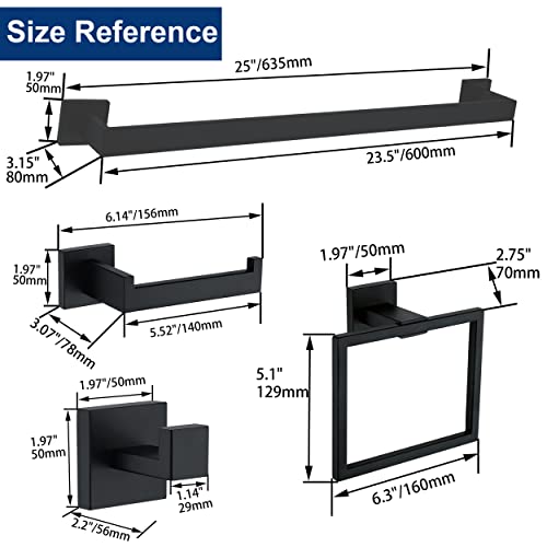 5 Pieces Bathroom Hardware Accessories Set Matte Black, 24Inch Square Towel Racks Set for Bathroom, SUS304 Stainless Steel Towel Bar Set, Bath Accessories Sets Wall Mounted - color: Matte Black, size: 24" 5pcs